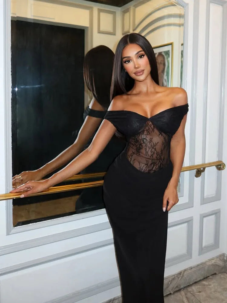 Lace Patchwork Dresses For Women Fashion Sexy Solid See Through Slash Neck Sleeveless Sheath Long Vestidos Robes Female Slim Fit